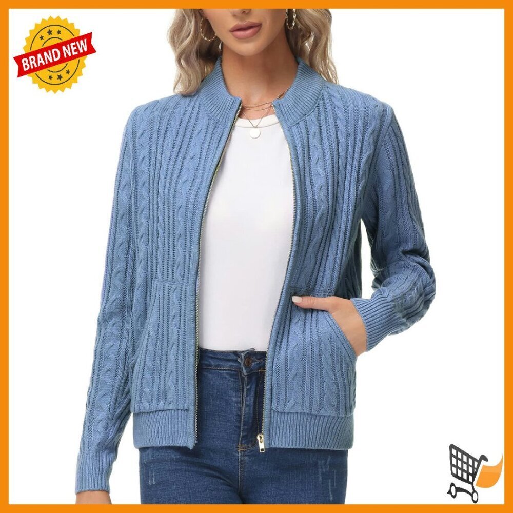 Chunky Cable Knit Zip Cardigan with Pockets, Hip Length, Chenille